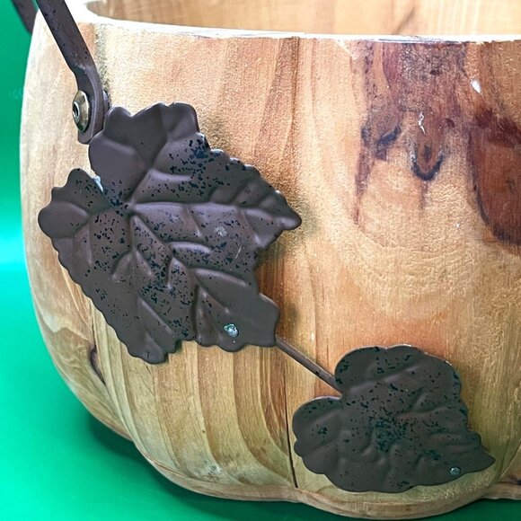 Rustic Handmade Wood Pumpkin Bowl Basket Metal Leaf Handles Fall Farmhouse - Picture 6 of 12